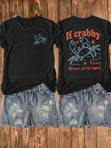 大尺碼女款「IF CRABBY」字母與海灘螃蟹圖案圓領短袖T恤，休閒舒適百搭度假風上衣，時尚春夏款，適合日常穿著、戶外、海灘，黑色 - 黑色 - 查看 1