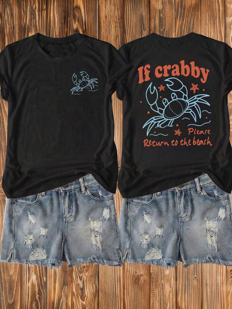 大尺碼女款「IF CRABBY」字母與海灘螃蟹圖案圓領短袖T恤,休閒舒適百搭度假風上衣,時尚春夏款,適合日常穿著、戶外、海灘,黑色 - 黑色 - 查看 1