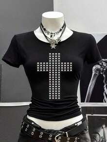 Short-Sleeved T-Shirt With Retro Punk Style Lettering, Y2K Gothic Style Top, Street Hip-Hop Style Top, 90s Women's Fashion - 黑色 - 查看 5