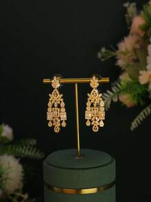 5pcs 18K Gold Plated Luxury Royal Style Large Geometric Tassel Design Bridal Wedding Set, Handmade Inlaid White Cubic Zirconia, Includes Necklace, Bracelet, Earrings, Ring, Suitable For Daily Wear And Wedding, Wedding Anniversary Gift (Gift Box Packaging) - Geometric Shape Set - View 7