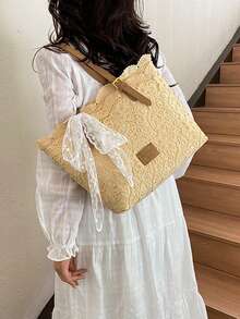 Bolso de hombro de gran capacidad con diseño de nicho, estilo fresco y literario, decorado con lazo, moda casual, adecuado para vacaciones, uso diario y días festivos - Caqui - Ver 5