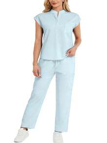 cimmuovere Conjunto de uniforme médico de talla grande con top holgado sin mangas de cuello alto y pantalones con múltiples bolsillos, para primavera - Celeste - Ver 5