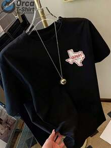 Camiseta de manga corta de estilo casual vintage, con estampado en la parte delantera y trasera, que presenta un mapa de Texas y el diseño de la palabra "Gilley's", adecuada para el uso diario en verano, ideal como regalo para parejas y amigos. - Negro - Ver 2