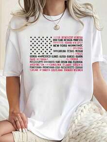 Casual Short-Sleeved T-Shirt With State Name Print, Patriotic Clothing To Celebrate US Independence Day, Ideal For Daily Outings And National Holidays, Summer T-Shirt. - 白色 - 查看 2
