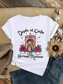 Camiseta Casual de Mujer con Cuello Redondo y Diseño Floral de Rosas y Velas Desde El Cielo Una Hermosa Mañana - Manga Corta, Mezcla de algodón Elástico, Ligera y Transpirable para Fiestas de Verano, Casa y Ropa Casual, Ropa Casual de Verano Camiseta con Estampado Floral Ajuste Cómodo, Camiseta con Frase Católica, Camiseta Católica, Ropa de Halloween para Mujer, Camiseta de Mujer en Oferta de Halloween Blusas Bonito 100% Cotton - Blanco - Ver 8
