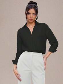 Body de manga larga y unicolor elegante para mujer - Negro - Ver 3