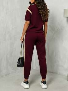 Women's New Contrast Stripe Tee And Elastic Waist Straight Leg Pants 2 Pieces Set, Suitable For Spring, Summer And Autumn - Burgundy 29 + Apricot 13 - View 5