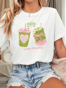 Women's Matcha Latte Print Short Sleeve Crew Neck T-Shirt - Light White Spring/Summer Casual Outfit For Christmas Party - Fan Outfit - Festive Fantasy Design And Iconic Quote - 白色 - 查看 5