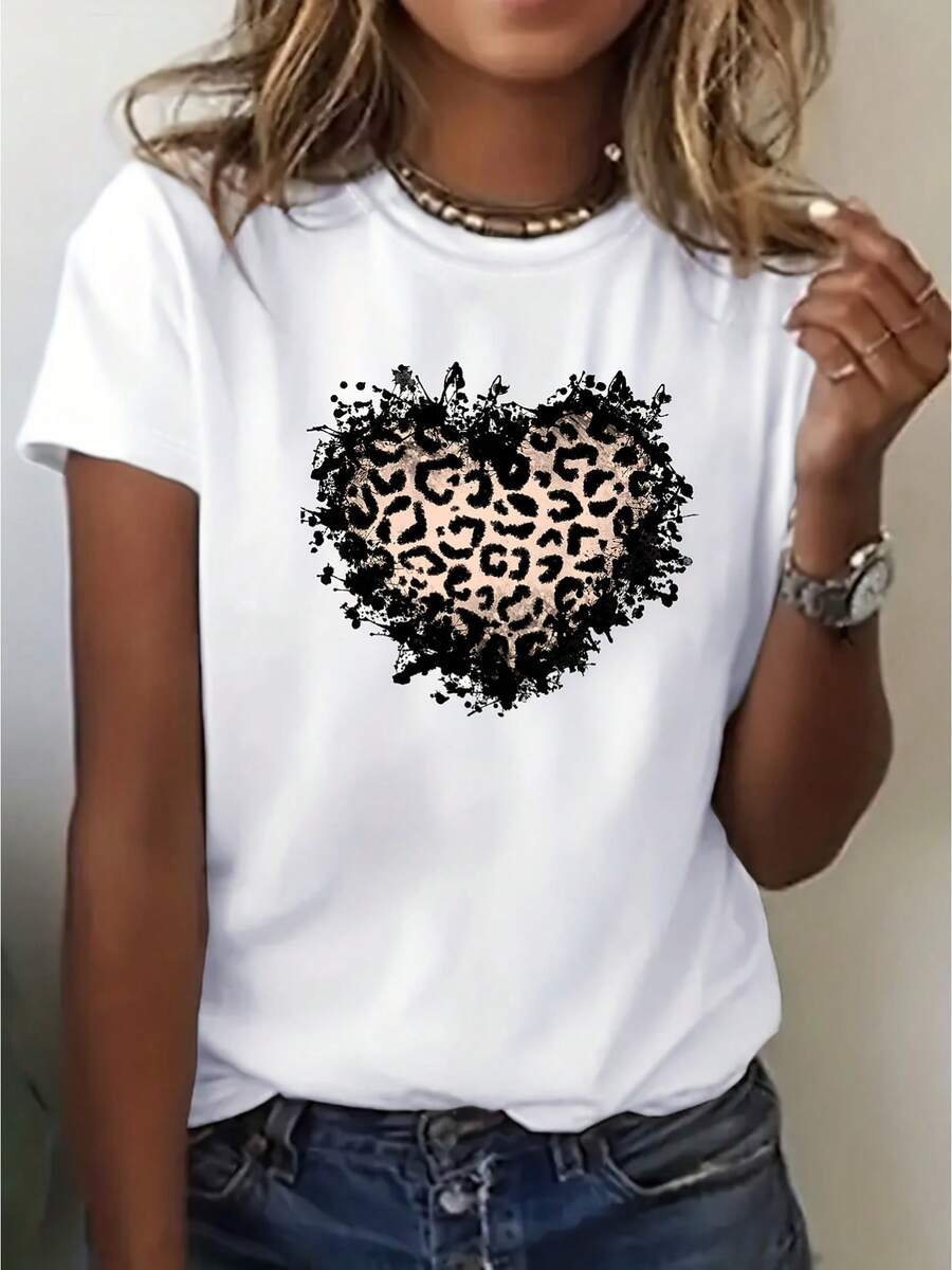 Camiseta de manga corta para mujer, con estampado de corazones a la moda, cuello redondo, estilo casual, para primavera-verano. - Blanco - Ver 1
