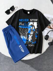 2pcs/Set Tween Boys' "NEVER STOP" Basketball Graphic Tee And Sprots Shorts Outfit, For Summer Sports - Black - View 1