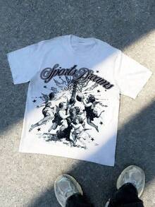Camisetas para hombres, camisetas retro con estampado de ángel deportivo en estilo holgado, camisetas de manga corta con estampado digital retro de moda, camisetas de manga corta casuales y versátiles para hombres jóvenes, nuevas camisetas para primavera/verano 2026, regalos para novios, regalos para vacaciones. - Negro - Ver 6