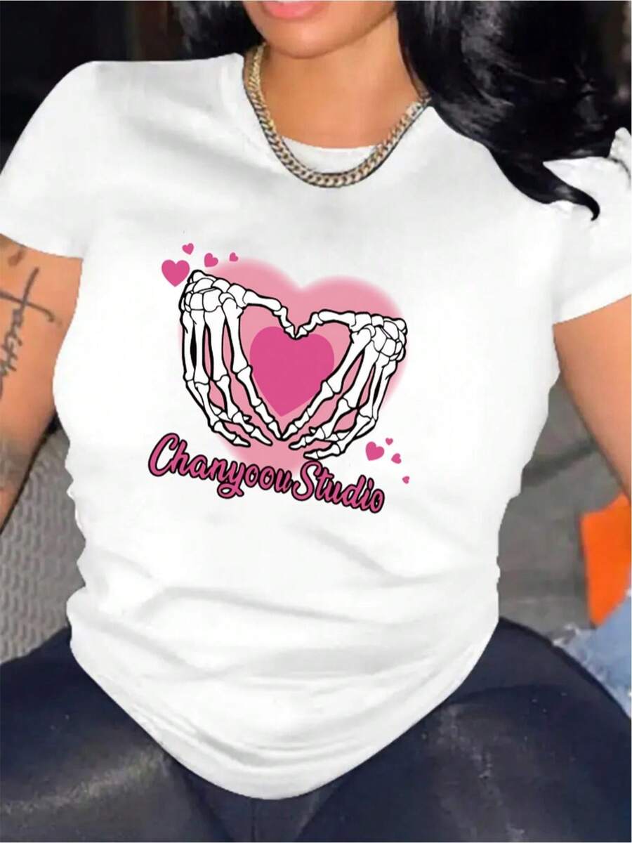 YOCASA Women's Casual Summer T-Shirt, Round Neck, Fitted Short Sleeve, With Oil Painting Print, Floral, Heart, Cherry And Letter Patterns. Simple Casual Fabric, Sporty Style, Ideal For Everyday Wear And Valentine's Day Dates. - 白色 - 查看 1