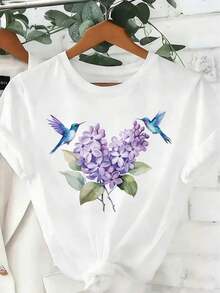 SimpieAndVersatileDesignCamiseta casual para mujer con estampado de colibrí en color lila, de diseño simple y versátil, adecuada para el uso diario en el tiempo libre, un excelente regalo para las vacaciones, camiseta de algodón.CottonT-Shirt - Blanco - Ver 1