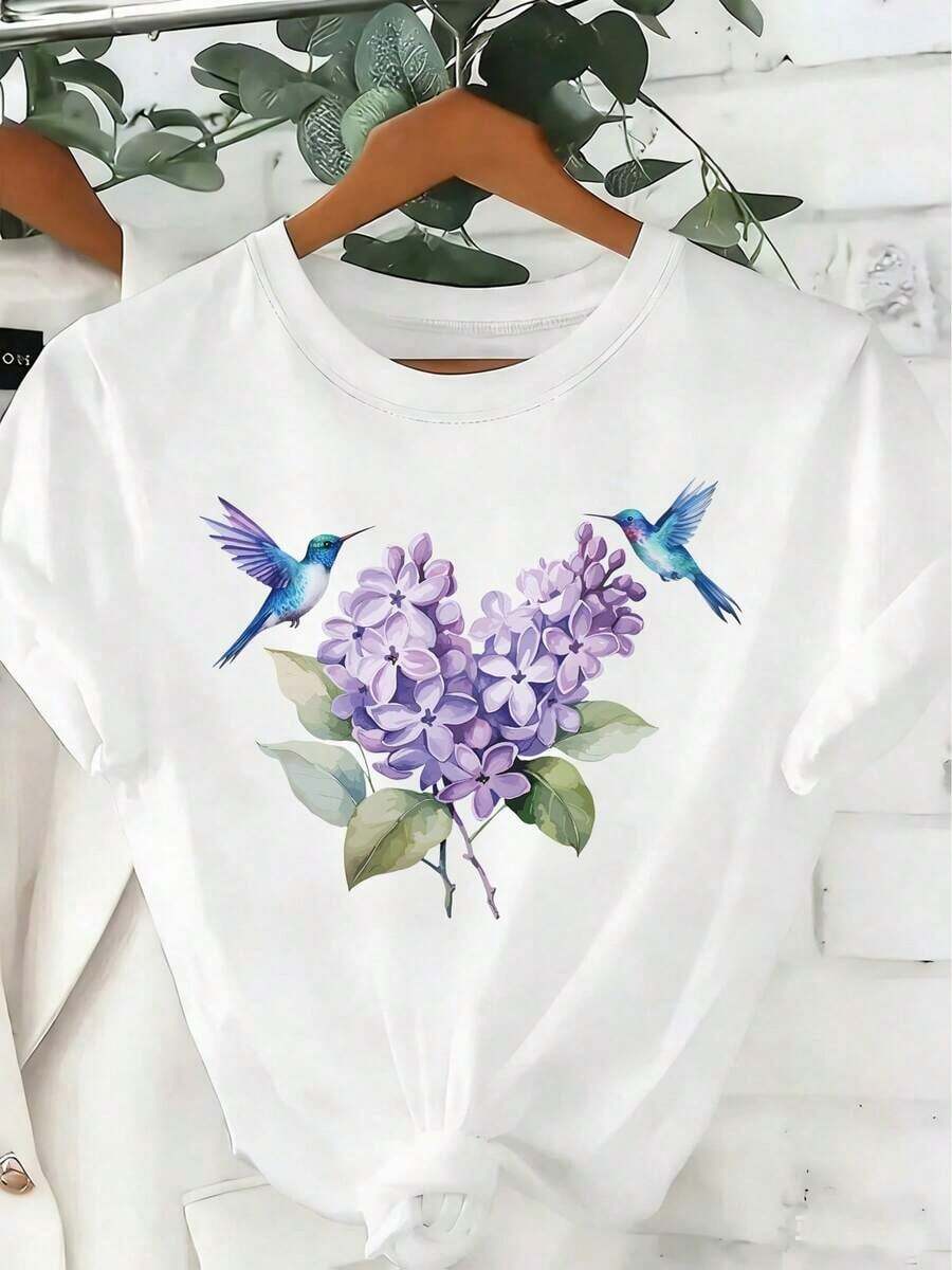 SimpieAndVersatileDesignCamiseta casual para mujer con estampado de colibrí en color lila, de diseño simple y versátil, adecuada para el uso diario en el tiempo libre, un excelente regalo para las vacaciones, camiseta de algodón.CottonT-Shirt - Blanco - Ver 1