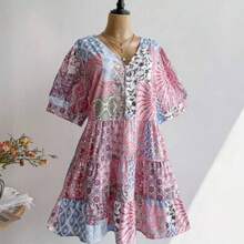 Plus Size Women's Bohemian Style Tea Party Daily Vacation Layered Doll Dress, V-Neck, Music Festival Party Outfit Elegant Summer - Azul - Ver 1