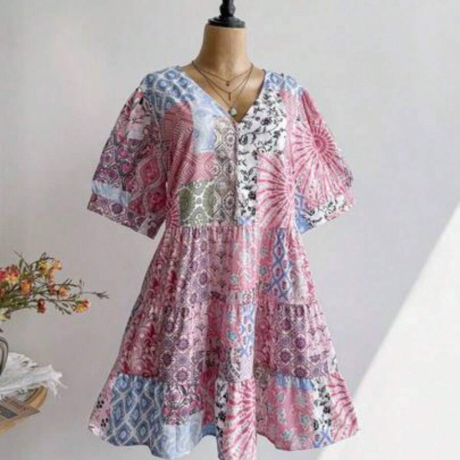 Plus Size Women's Bohemian Style Tea Party Daily Vacation Layered Doll Dress, V-Neck, Music Festival Party Outfit Elegant Summer - Azul - Ver 1