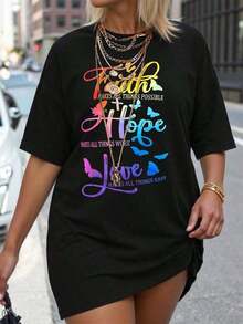 Plus Size Women's Round Neck T-Shirt With Butterfly Print And Slogans, Graphic T-Shirts For Women With Phrases Like "Faith MAKES ALL THINGS POSSIBLE", "Hope MAKES ALL THINGS WORK", "Love MAKES ALL THINGS EASILY" - 彩色 - 查看 7
