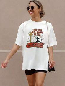 Flying Man And Cross Design T-Shirt, Summer T-Shirt, Fun American Style Print T-Shirt, Music Festival T-Shirt, Women's T-Shirt, Spring And Summer Blouse For Women, Short-Sleeved Round Neck Pure Cotton Cropped T-Shirt, Casual T-Shirt For Women. - 白色 - 查看 7