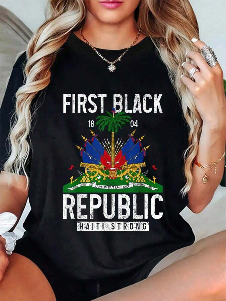 Amamos a Haití - Orgullo Haitiano, Camiseta con la Bandera de Haití, Cuello Redondo, Manga Corta, Camiseta Gráfica para Hombre y Mujer - Negro - Ver 1