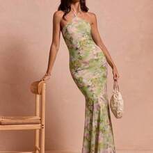 Summer Romantic Women's Green Floral Print Elegant Chiffon Open Shoulder Halter Long Dress,Vintage,Prom Dress,Dresses For Wedding,Mother's Day,Festival Dresses,Elegant Dresses For Women,Luxury Evening Dress For Women,Chic Evening Dress,Fringe Dress,Party Dress,Vacation Outfits Women,Summer Outfits For Women,Chic - Verde - Ver 2