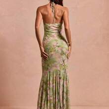 Summer Romantic Women's Green Floral Print Elegant Chiffon Open Shoulder Halter Long Dress,Vintage,Prom Dress,Dresses For Wedding,Mother's Day,Festival Dresses,Elegant Dresses For Women,Luxury Evening Dress For Women,Chic Evening Dress,Fringe Dress,Party Dress,Vacation Outfits Women,Summer Outfits For Women,Chic - Verde - Ver 8