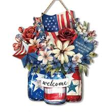 1pc July 4th Door Hanger Memorial Day Wooden Hanging Sign Red White And Blue American Wood Plaque For Home Wall Window 250th Anniversary Decor - Multicolor - View 7
