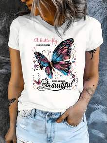 Camiseta de Mujer Mariposa Cómoda Cuello Redondo Casual Mezcla de Algodón Manga Corta Suave y Transpirable Top Ropa de Mujer Camiseta Verano Primavera Streetwear Tela - Blanco - Ver 7