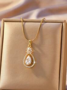 1 chiếc mặt dây chuyền hình giọt nước đính đá Cubic Zirconia cắt kiểu quả lê, thiết kế viền đá, phù hợp cho nữ, món quà tuyệt vời cho Ngày của Mẹ, sinh nhật, kỷ niệm và các dịp đặc biệt khác. - Nhiều màu - Xem 2