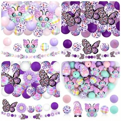 25/28PCS 3D Cute Insect Butterfly Silicone Bead Set, Featuring Beautiful Butterfly And Dwarf Shapes, Includes 15mm Flower, Colorful Plaid, Butterfly Print Beads, Pink And Purple Pearl Silicone Beads, Fashionable Design, Jewelry Making Beads, Ideal For DIY Bracelets, Lanyards, Pen Accessories, Holiday Decorations And Other Crafts - Perfect Gift For Holidays And Birthdays