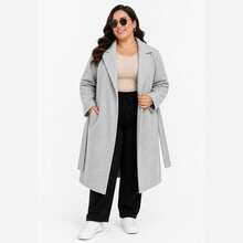 Plus Size Long Wool Overcoat With Belt Sbtpl-009 - 灰色 - 查看 1