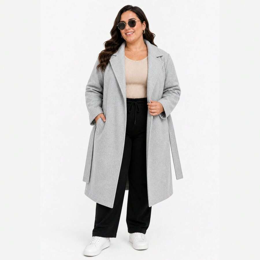 Plus Size Long Wool Overcoat With Belt Sbtpl-009 - 灰色 - 查看 1