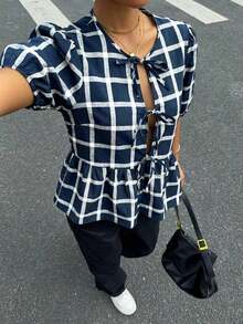 Camisa de mujer de cuello redondo de manga corta, camisa con estampado de cebra con lazo y manga abullonada, blusa de verano de cuello en V con volantes y manga abullonada de corte regular y ajuste casual para uso diario, blusa casual de estampado de animal de manga corta para primavera/verano - Azul marino - Ver 6