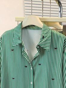 Camisa de manga larga con estampado a rayas y lazo, con botones delanteros, cuello de camisa, top casual, adecuado para primavera, otoño e invierno en color rosa - Verde - Ver 6