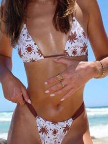 Swim Mod Conjunto de bikini de dos piezas con estampado de frutas y verduras en todo el diseño, con escote halter y lazos, para vacaciones de verano - Multicolor 9 - Ver 5