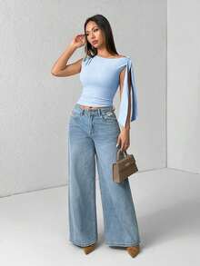 1 pieza Blusa de mujer con cuello oblicuo y lazada de unicolor, de uso casual diario - Celeste - Ver 5