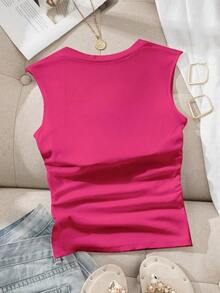 Camiseta ajustada con cuello cuadrado acolchado para mujer, primavera/verano - Rosa Fucsia - Ver 2