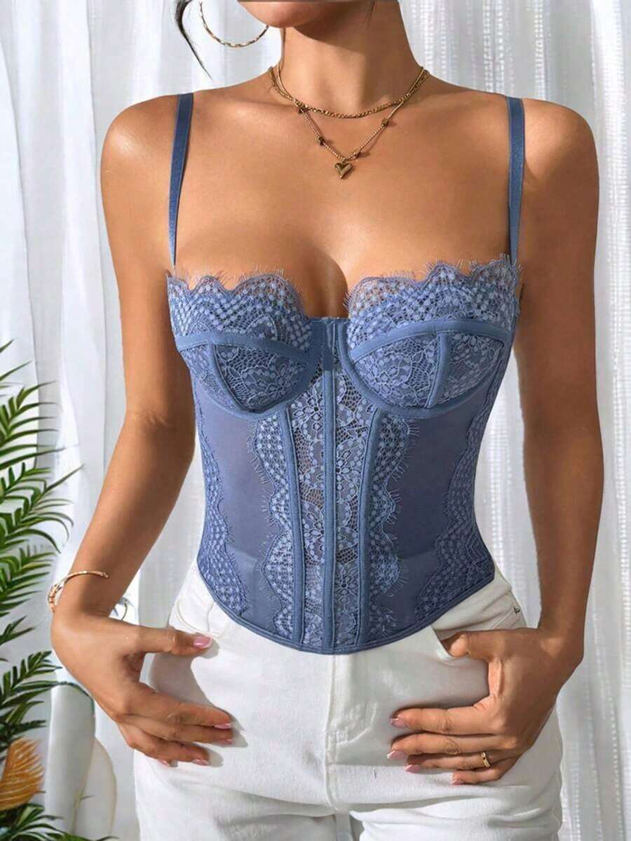 1 pieza Parte superior corta ajustada con adorno de encaje para mujer, top corset ajustado y sexy, adecuado para fiesta, viaje, reunión, Navidad, San Valentín, verano casual negro - Azul - Ver 1