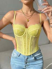 1 pieza Parte superior corta ajustada con adorno de encaje de moda para mujer, camiseta interior ajustada sexy tipo corsé, adecuada para fiesta, viaje, reunión, Navidad, San Valentín, vacaciones de verano casual - Amarillo - Ver 4