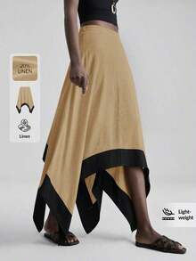 Ontre 2026 Falda asimétrica de mujer para primavera/verano, tela de lino suave a la piel, con ribete de color contrastante, atuendo elegante y moderno para invitada de boda, con sensación de lujo romántico minimalista francés, estilo urbano chic de oficina casual, estilo vintage de alta gama discreto, atuendo de alta calidad para aeropuerto/crucero, esencial para festival de Oriente Medio, tela premium versátil para todas las estaciones, falda de mujer para boda, uso en vacaciones/playa/oficina - Caqui - Ver 12
