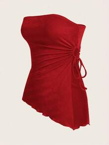 Blusa negra tubo con recogido en la cintura, bajo asimétrico y atado a los lados - Rosa Roja - Ver 3