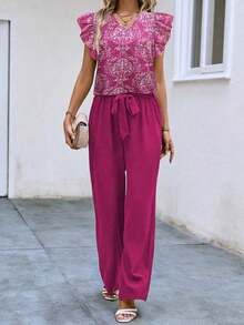 2 piezas Conjunto casual de vacaciones con blusa de mangas de casquillo con cuello en V con estampado floral y pantalones de pierna ancha para mujer - Rosa Fucsia - Ver 3