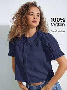 Camisa casual con cuello de volantes, mangas cortas abultadas y abotonadura, top lindo de otoño, ropa bohemia, atuendo de regreso a la escuela, para otoño, invierno, vestimenta occidental para mujer - Azul marino - Ver 1