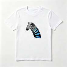 Camiseta Mujer Algodón Estampado Cebra Azul - Top Verano Casual - Blanco - Ver 1