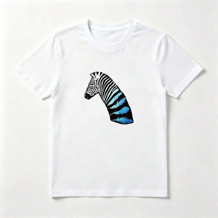 Camiseta Mujer Algodón Estampado Cebra Azul - Top Verano Casual - Blanco - Ver 1