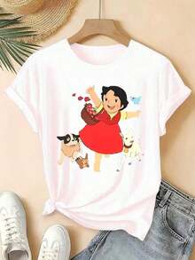 1 Piece Of Women's Short-Sleeved Sports T-Shirt - Cartoon And Animal Print Design, Machine Washable, Easy To Match, Comfortable And Casual, Round Neck, High-Quality Blend, Suitable For All Seasons, Available In Multiple Colors, Perfect For 180g 100% Cotton. - White - View 6