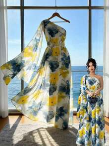 Elenzya Vestido maxi de talla grande sin mangas con cintura anudada, estampado de flores efecto tie-dye, elegante vestido de estilo francés para vacaciones de primavera/verano - Multicolor - Ver 8