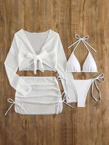 Conjunto de bikini de triángulo de unicolor con pareo para vacaciones en la playa, verano negro - Blanco - Ver 6