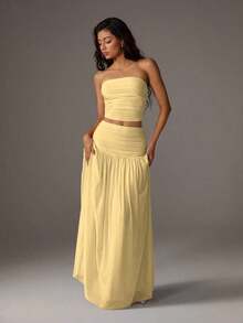 Unity Conjunto de 2 piezas de top corto de bustier de malla de unicolor y falda larga para mujer - Amarillo claro - Ver 4