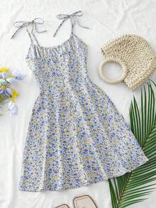 Vestido mini con tirantes de espagueti y estampado floral ditsy con lazo - Multicolor 3 - Ver 2