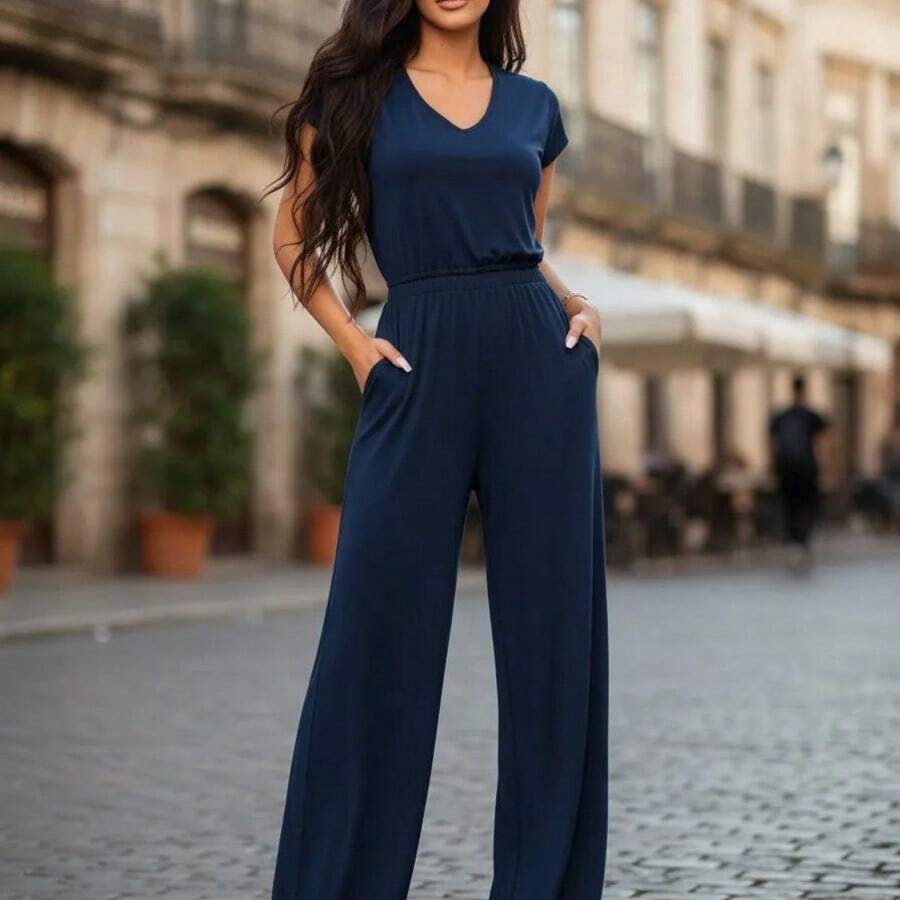 Women's Palazzo Jumpsuit - Comfortable, High Quality, Perfect For Everyday Wear - 藏蓝色 - 查看 1